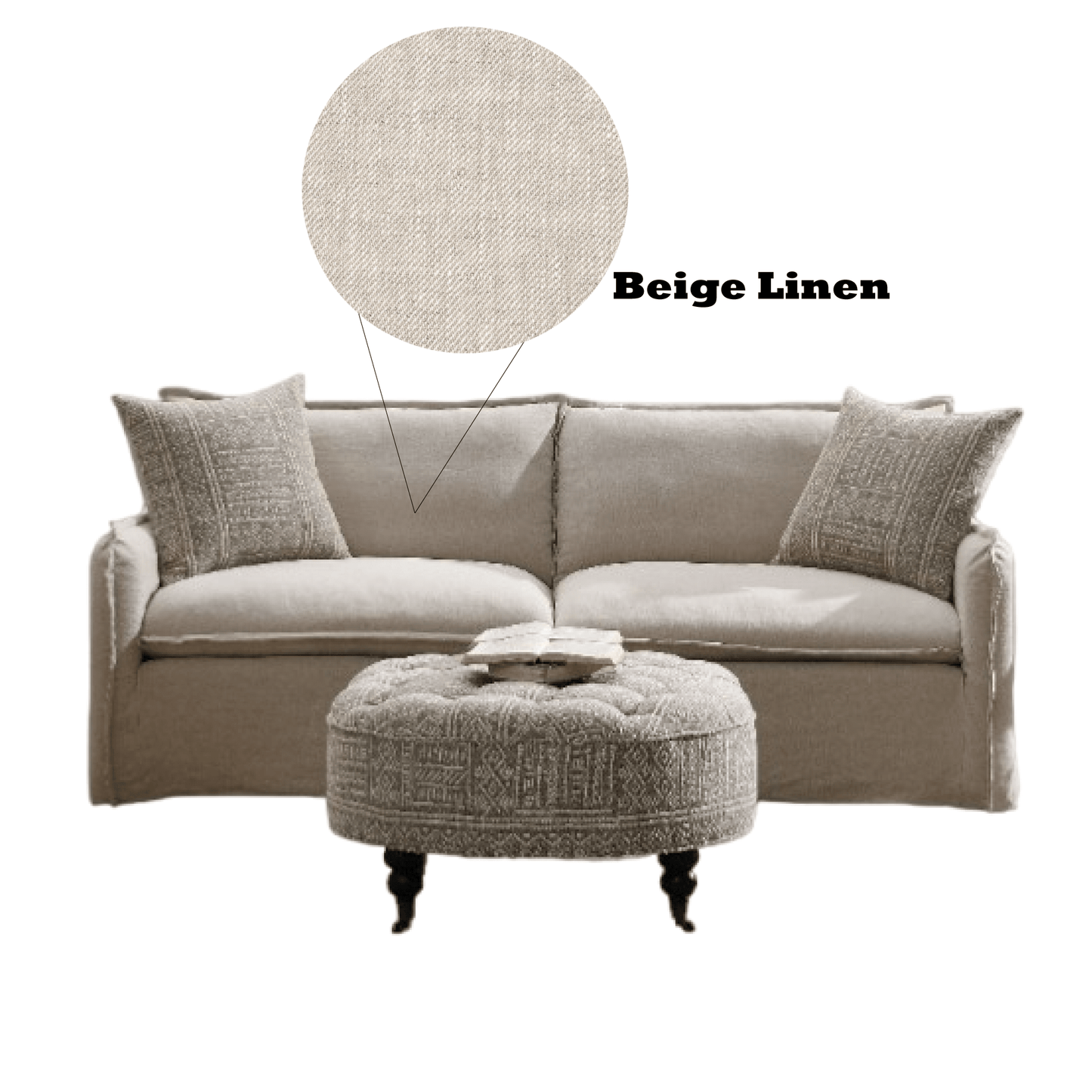 Upendo Pattern Fabric, Beige Yakety Yak Sand & Beige Linen Sofa w/2 Toss Pillows - 1st Choice Furniture Direct
