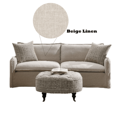 Upendo Pattern Fabric, Beige Yakety Yak Sand & Beige Linen Sofa w/2 Toss Pillows - 1st Choice Furniture Direct