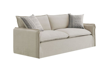 Upendo Pattern Fabric, Beige Yakety Yak Sand & Beige Linen Sofa w/2 Toss Pillows - 1st Choice Furniture Direct