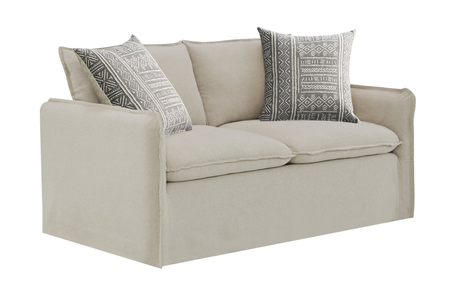 Upendo Pattern Fabric, Beige Yakety Yak Sand & Beige Linen Sofa w/2 Toss Pillows - 1st Choice Furniture Direct