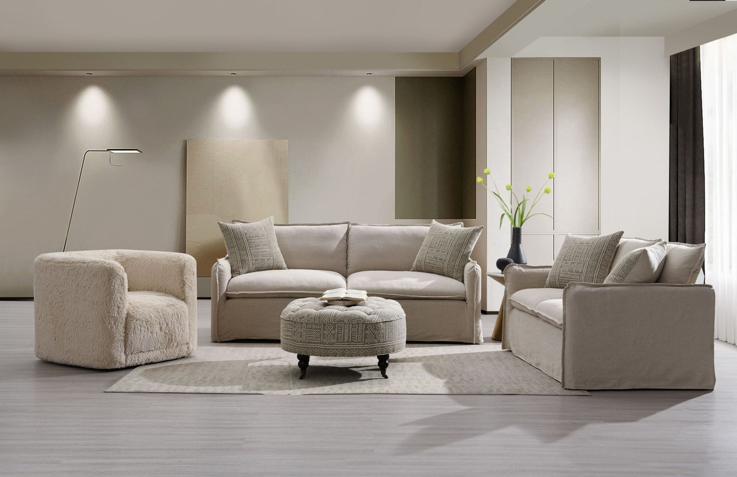 Upendo Pattern Fabric, Beige Yakety Yak Sand & Beige Linen Sofa w/2 Toss Pillows - 1st Choice Furniture Direct