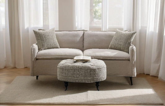 Upendo Pattern Fabric, Beige Yakety Yak Sand & Beige Linen Sofa w/2 Toss Pillows - 1st Choice Furniture Direct