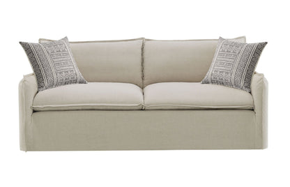 Upendo Pattern Fabric, Beige Yakety Yak Sand & Beige Linen Sofa w/2 Toss Pillows - 1st Choice Furniture Direct