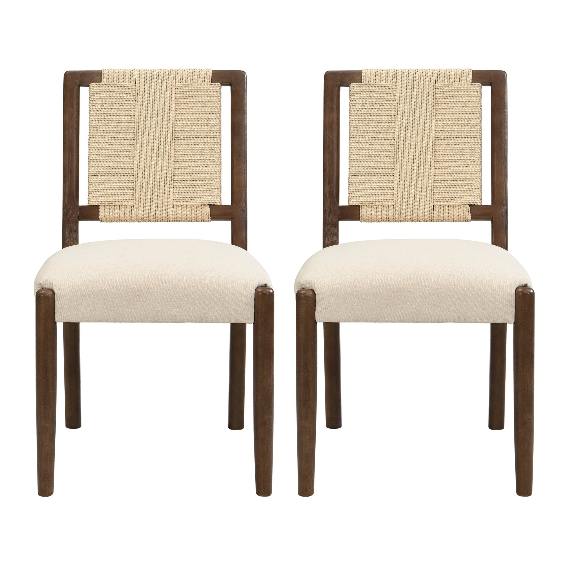Upholstered dining chair with woven rope backrest Set of 2 - walnut+Beige - 1st Choice Furniture Direct