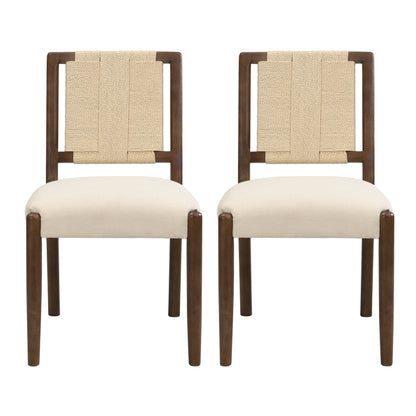 Upholstered dining chair with woven rope backrest Set of 2 - walnut+Beige - 1st Choice Furniture Direct