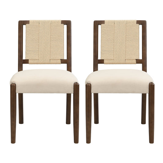 Upholstered dining chair with woven rope backrest Set of 2 - walnut+Beige - 1st Choice Furniture Direct