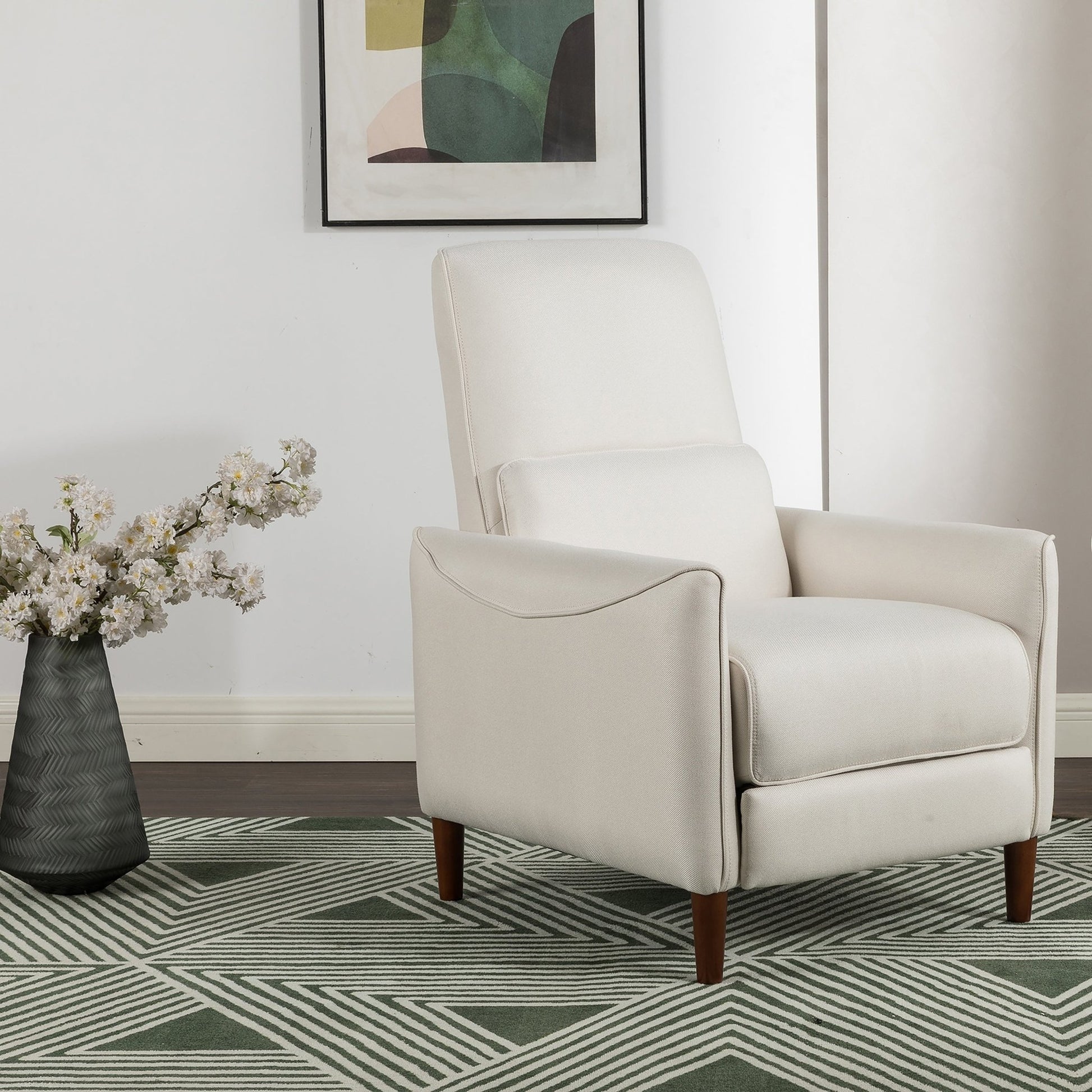 Upholstered Push Recliner Chair with Rubber Wood Legs in Beige Fabric for Living Room or Bedroom - 1st Choice Furniture Direct