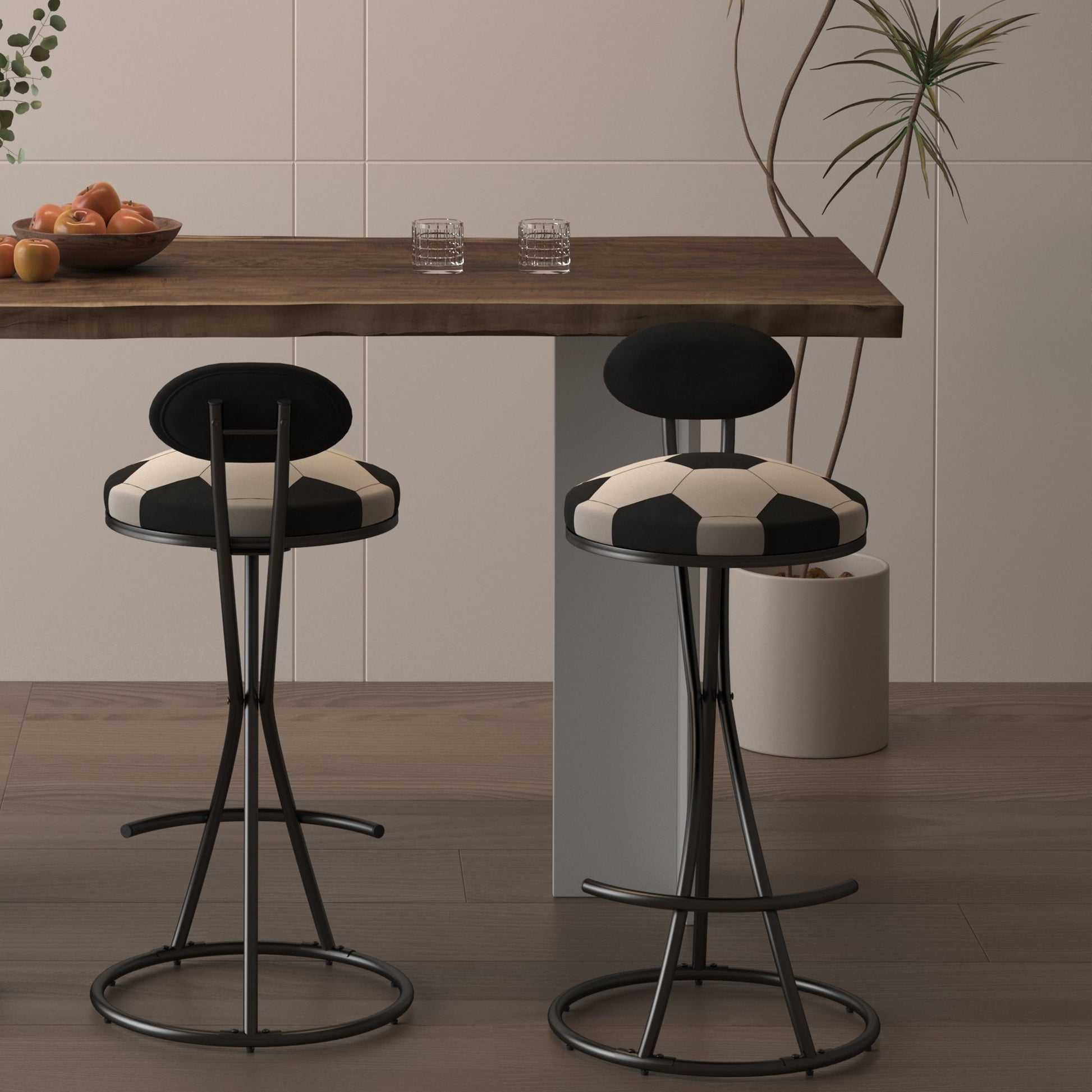 Upholstered S - shaped Barstools Set of 2 Velvet Counter Bar Stools Football Print Round Dining Stool for Kitchen & Living Room (Black Frame & Black Back) - 1st Choice Furniture Direct