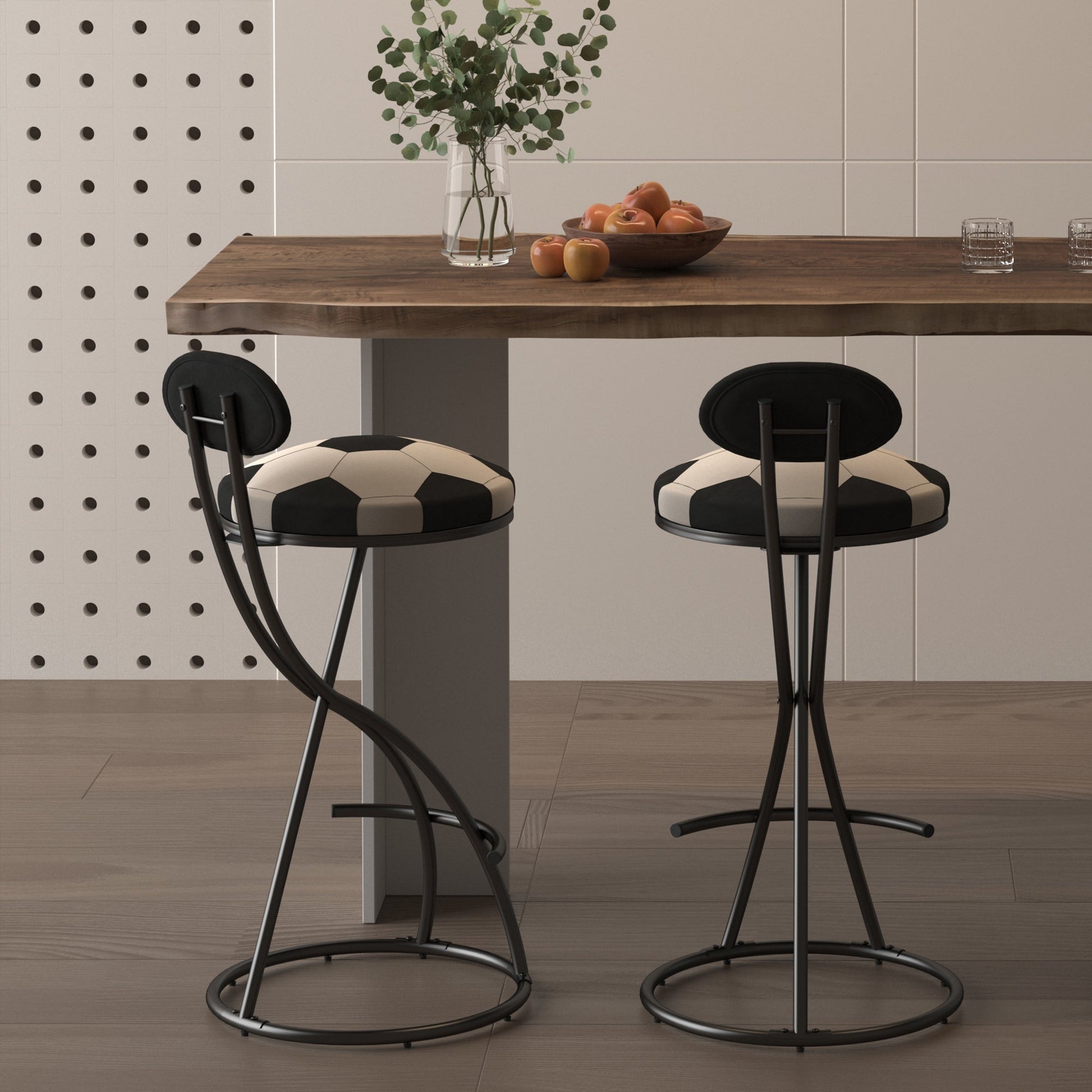 Upholstered S - shaped Barstools Set of 2 Velvet Counter Bar Stools Football Print Round Dining Stool for Kitchen & Living Room (Black Frame & Black Back) - 1st Choice Furniture Direct