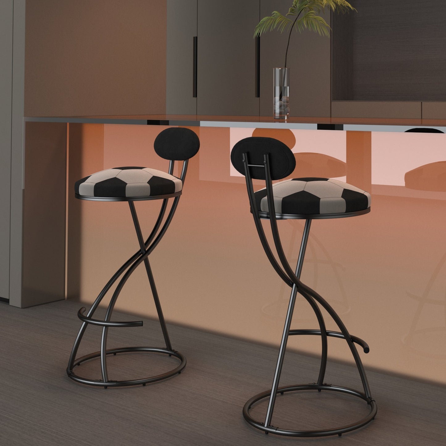 Upholstered S - shaped Barstools Set of 2 Velvet Counter Bar Stools Football Print Round Dining Stool for Kitchen & Living Room (Black Frame & Black Back) - 1st Choice Furniture Direct