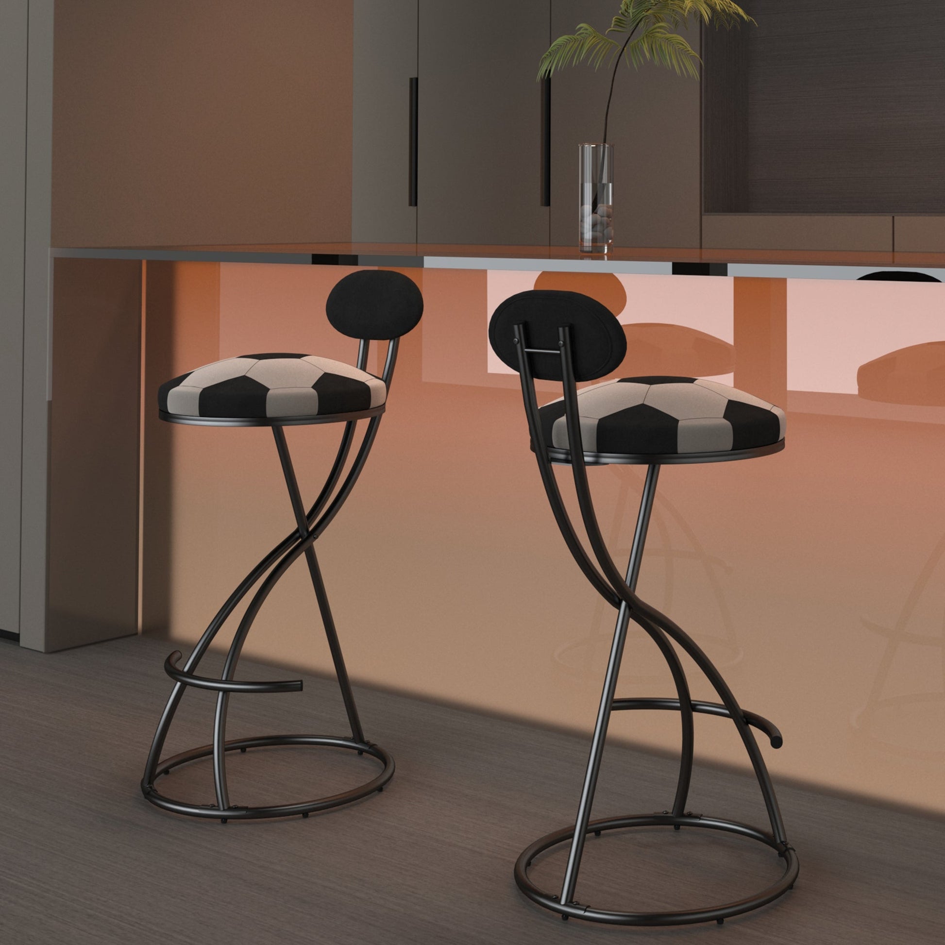 Upholstered S - shaped Barstools Set of 2 Velvet Counter Bar Stools Football Print Round Dining Stool for Kitchen & Living Room (Black Frame & Black Back) - 1st Choice Furniture Direct