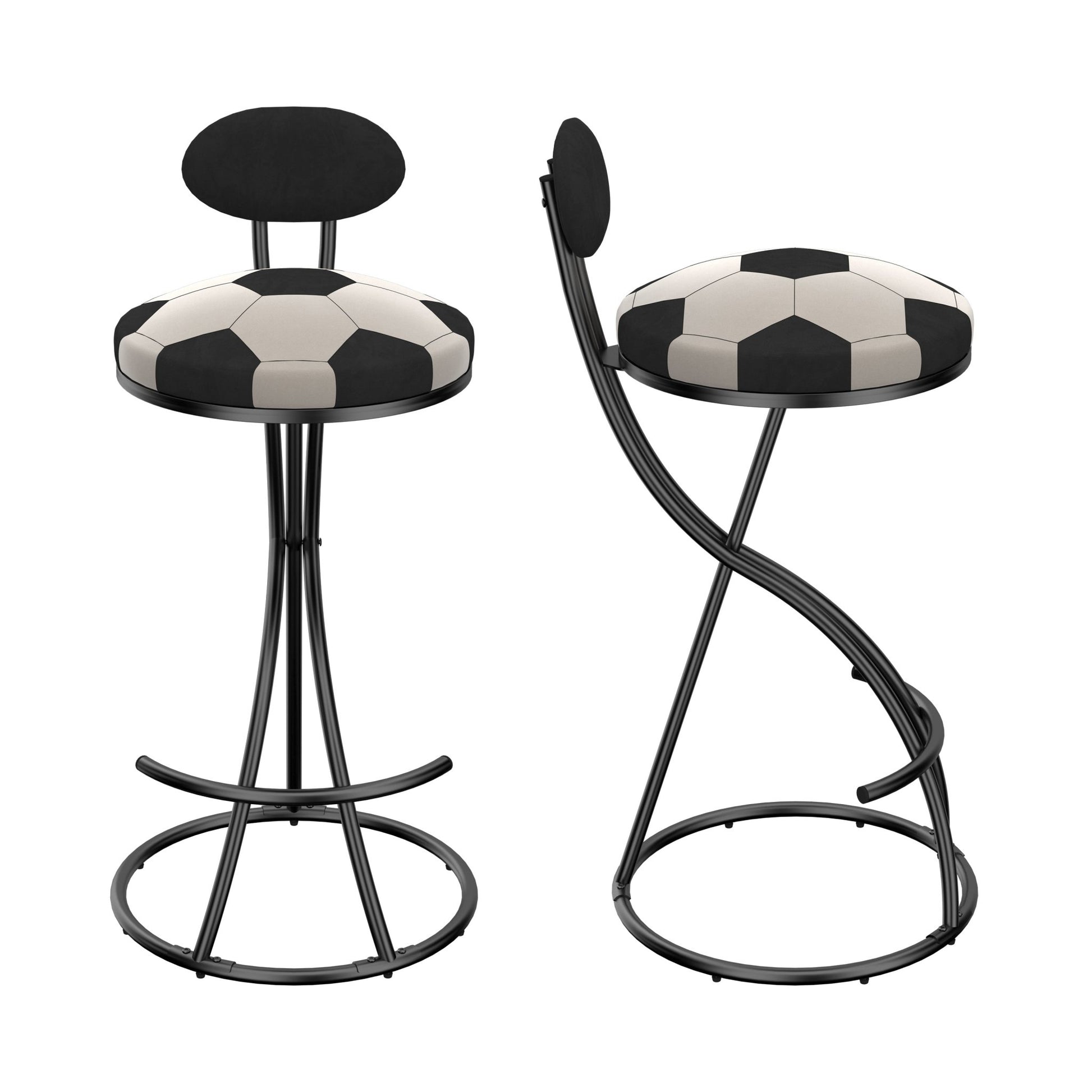 Upholstered S - shaped Barstools Set of 2 Velvet Counter Bar Stools Football Print Round Dining Stool for Kitchen & Living Room (Black Frame & Black Back) - 1st Choice Furniture Direct