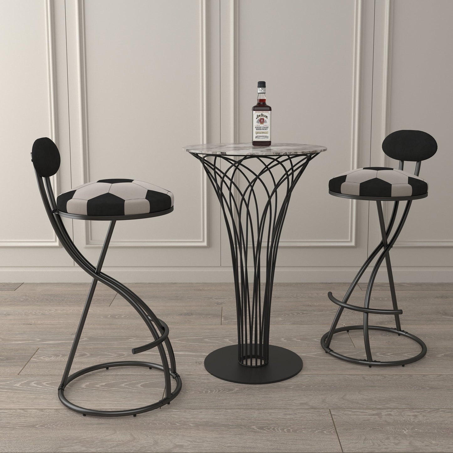 Upholstered S - shaped Barstools Set of 2 Velvet Counter Bar Stools Football Print Round Dining Stool for Kitchen & Living Room (Black Frame & Black Back) - 1st Choice Furniture Direct