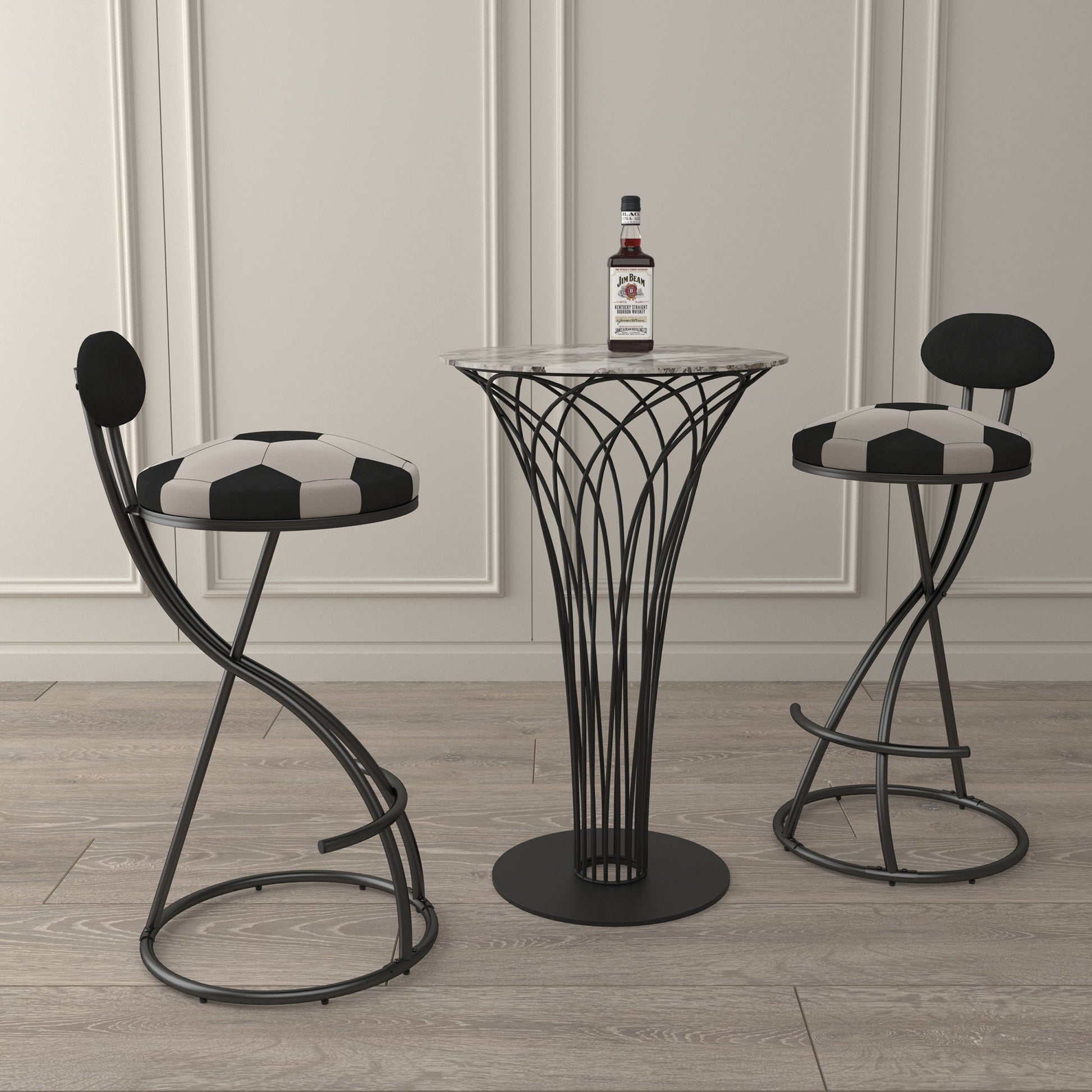Upholstered S - shaped Barstools Set of 2 Velvet Counter Bar Stools Football Print Round Dining Stool for Kitchen & Living Room (Black Frame & Black Back) - 1st Choice Furniture Direct