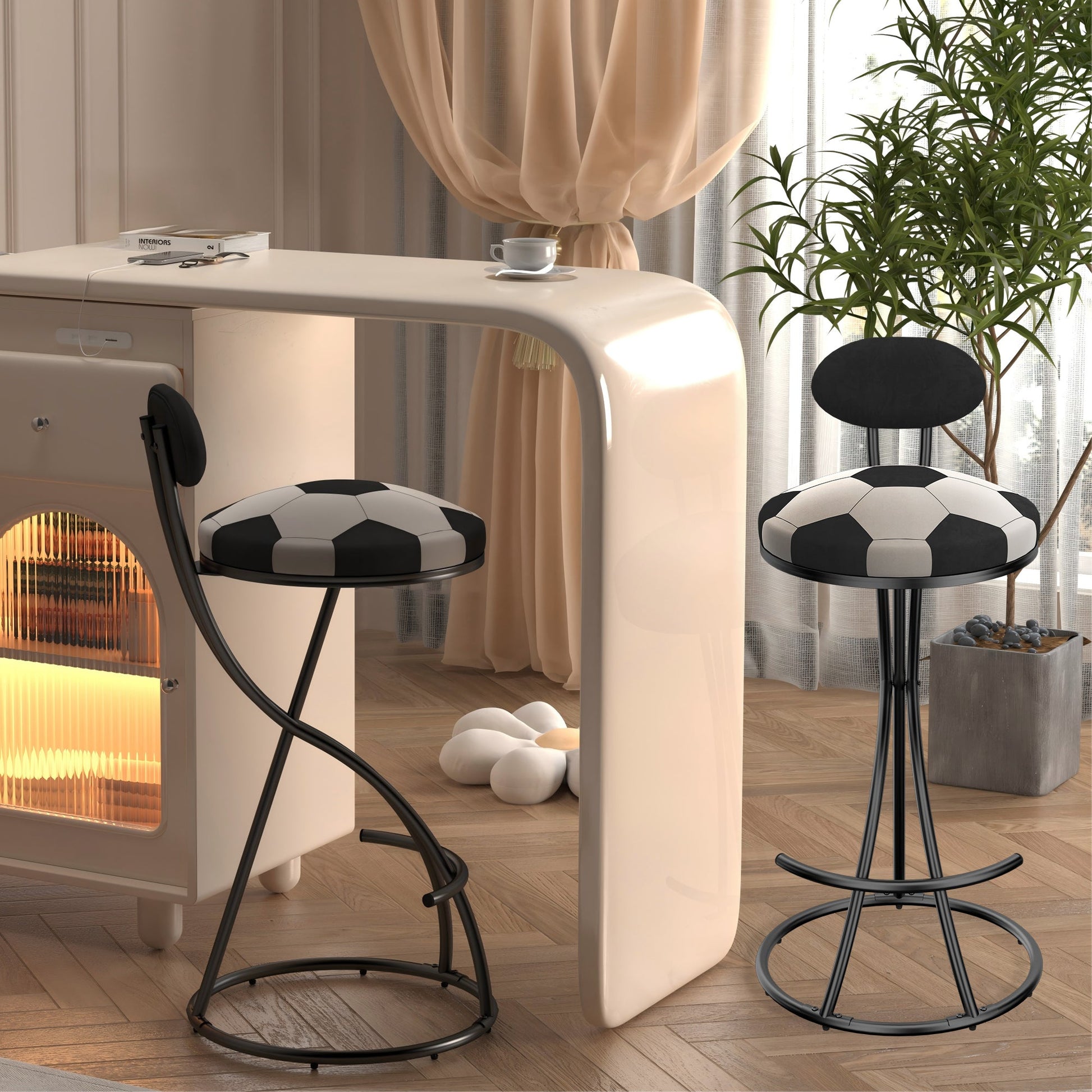 Upholstered S - shaped Barstools Set of 2 Velvet Counter Bar Stools Football Print Round Dining Stool for Kitchen & Living Room (Black Frame & Black Back) - 1st Choice Furniture Direct