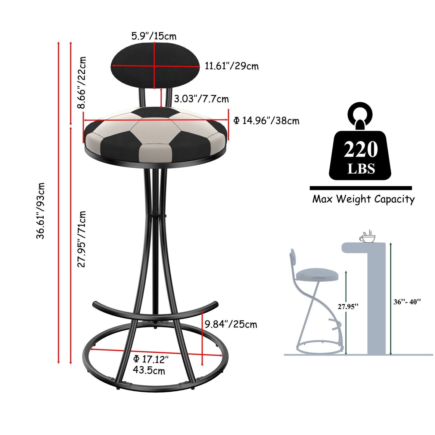 Upholstered S - shaped Barstools Set of 2 Velvet Counter Bar Stools Football Print Round Dining Stool for Kitchen & Living Room (Black Frame & Black Back) - 1st Choice Furniture Direct