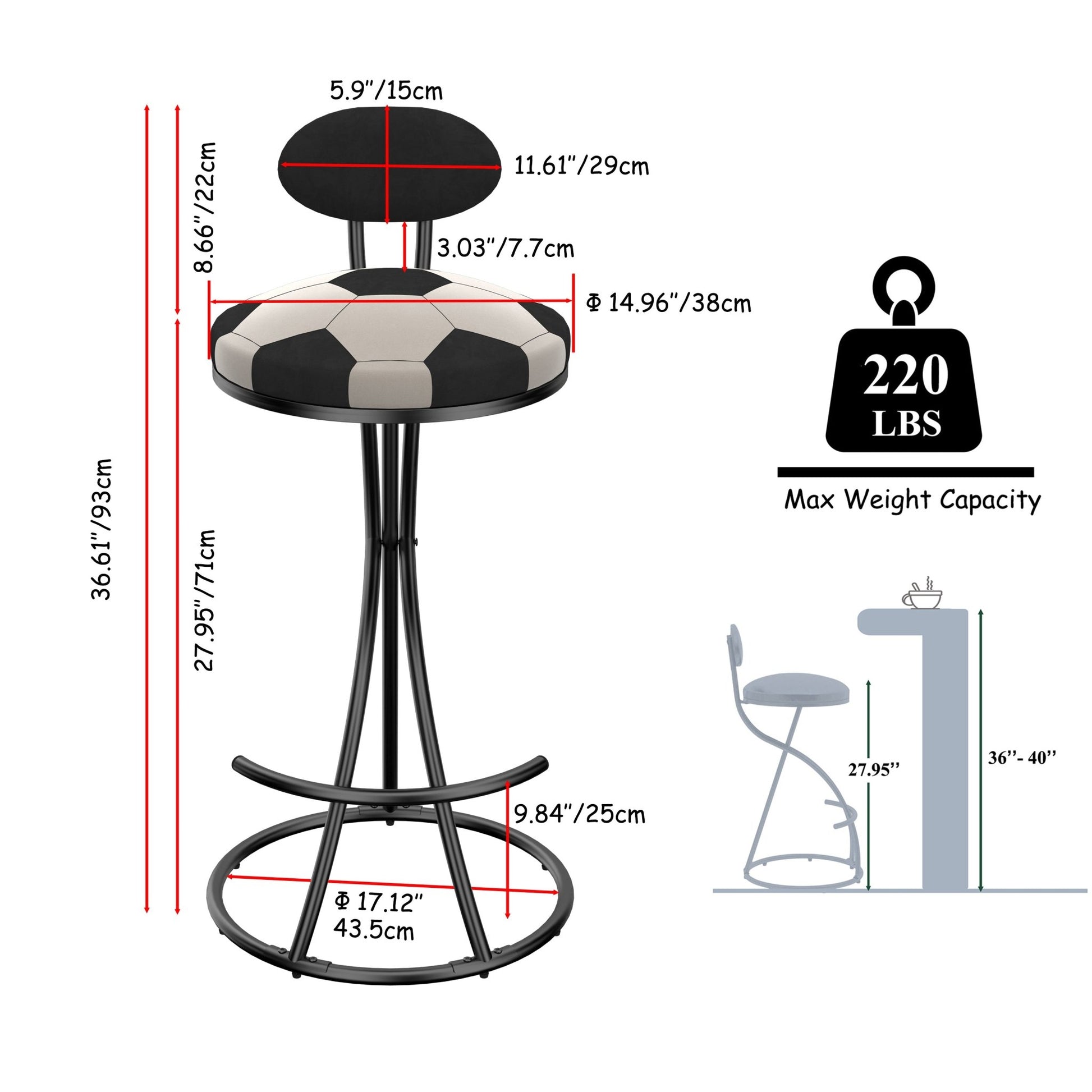 Upholstered S - shaped Barstools Set of 2 Velvet Counter Bar Stools Football Print Round Dining Stool for Kitchen & Living Room (Black Frame & Black Back) - 1st Choice Furniture Direct