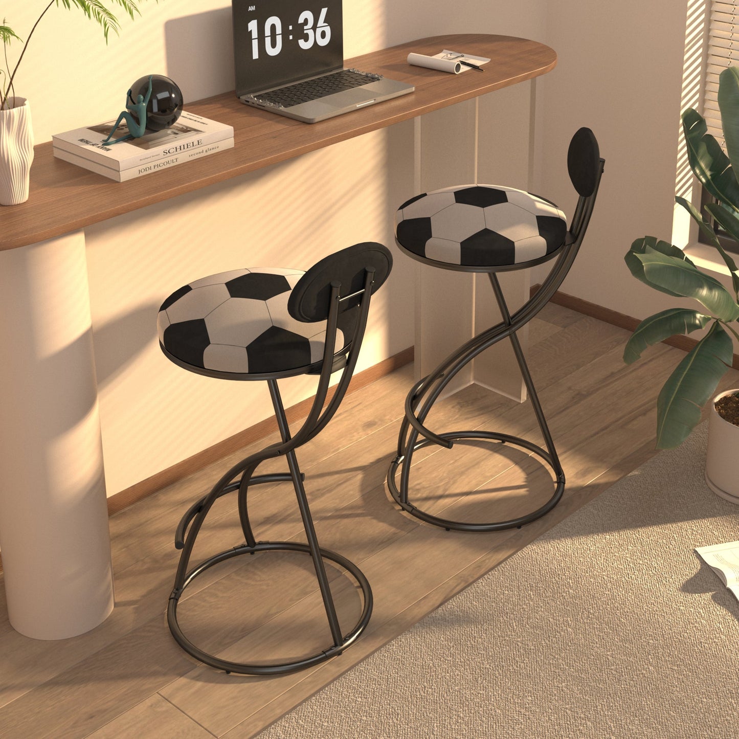 Upholstered S - shaped Barstools Set of 2 Velvet Counter Bar Stools Football Print Round Dining Stool for Kitchen & Living Room (Black Frame & Black Back) - 1st Choice Furniture Direct