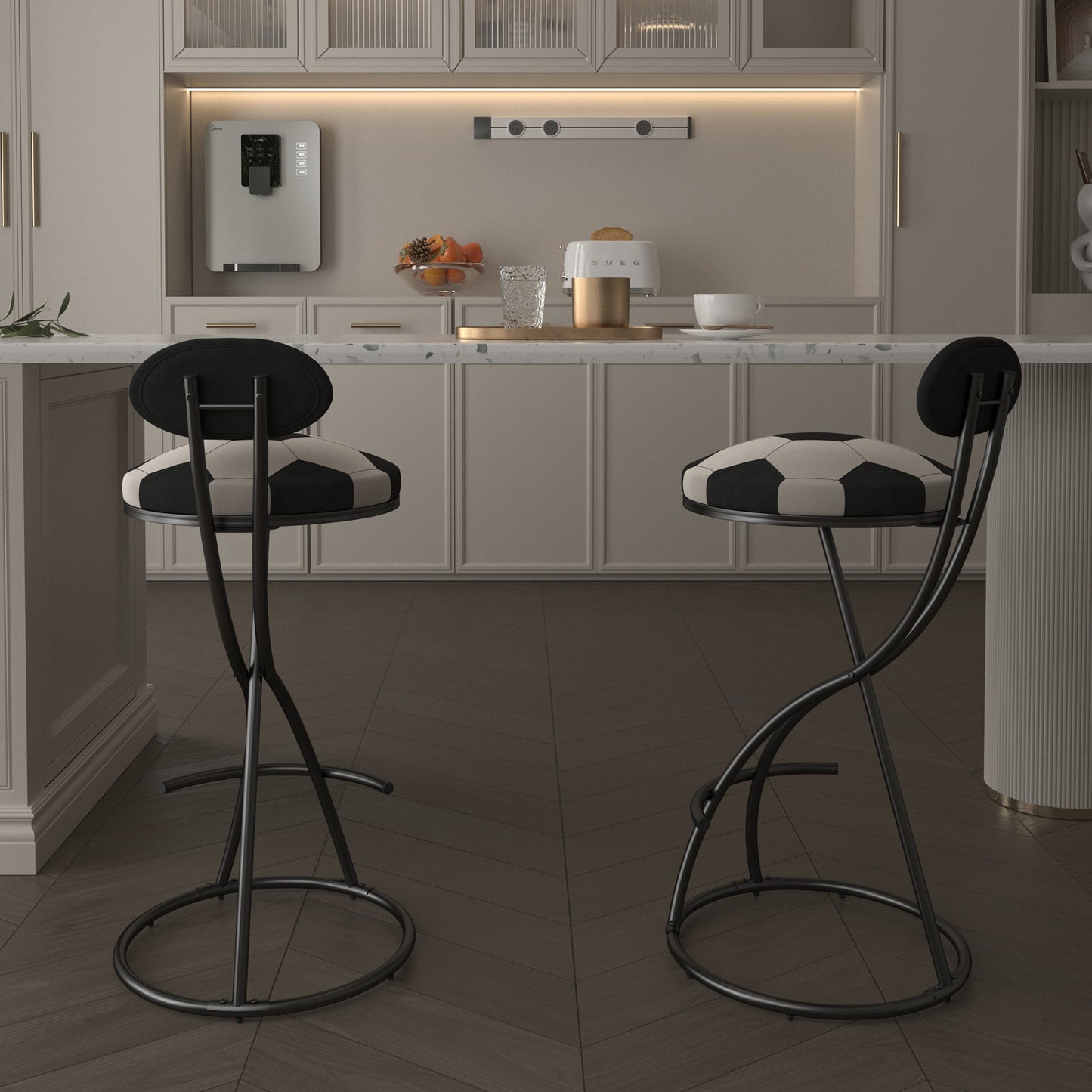 Upholstered S - shaped Barstools Set of 2 Velvet Counter Bar Stools Football Print Round Dining Stool for Kitchen & Living Room (Black Frame & Black Back) - 1st Choice Furniture Direct