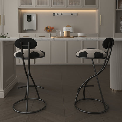 Upholstered S - shaped Barstools Set of 2 Velvet Counter Bar Stools Football Print Round Dining Stool for Kitchen & Living Room (Black Frame & Black Back) - 1st Choice Furniture Direct