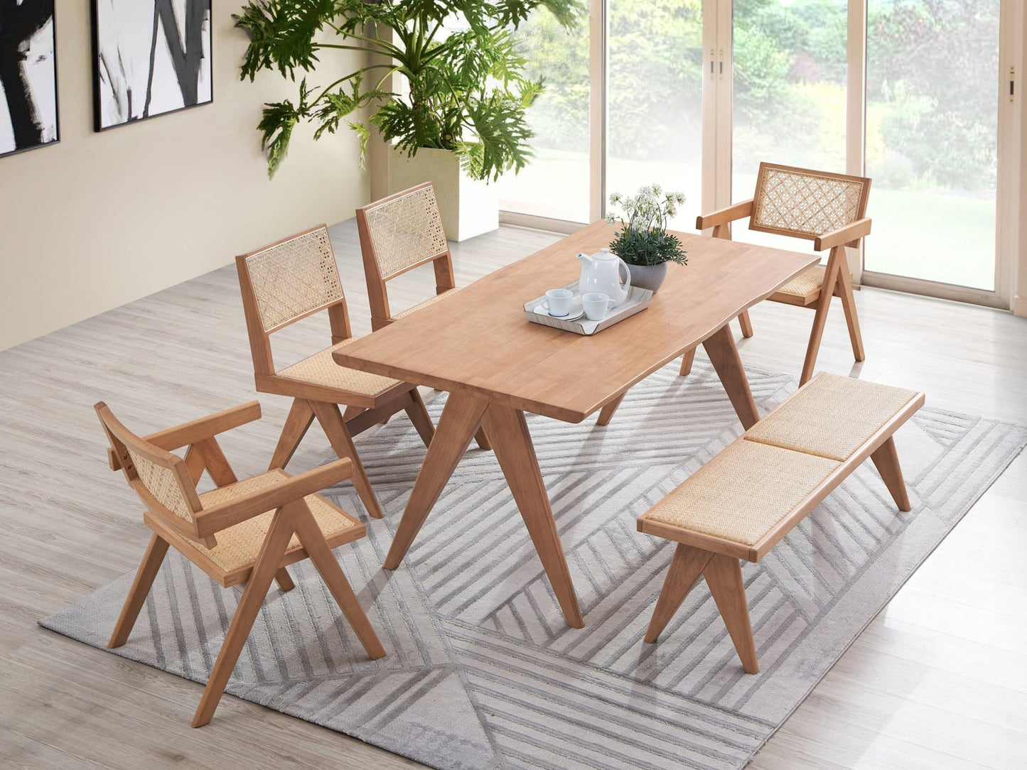 Valentina Rattan & Natural Finish 5PCs Patio/Outdoor Dining Set (No Bench Included) - 1st Choice Furniture Direct