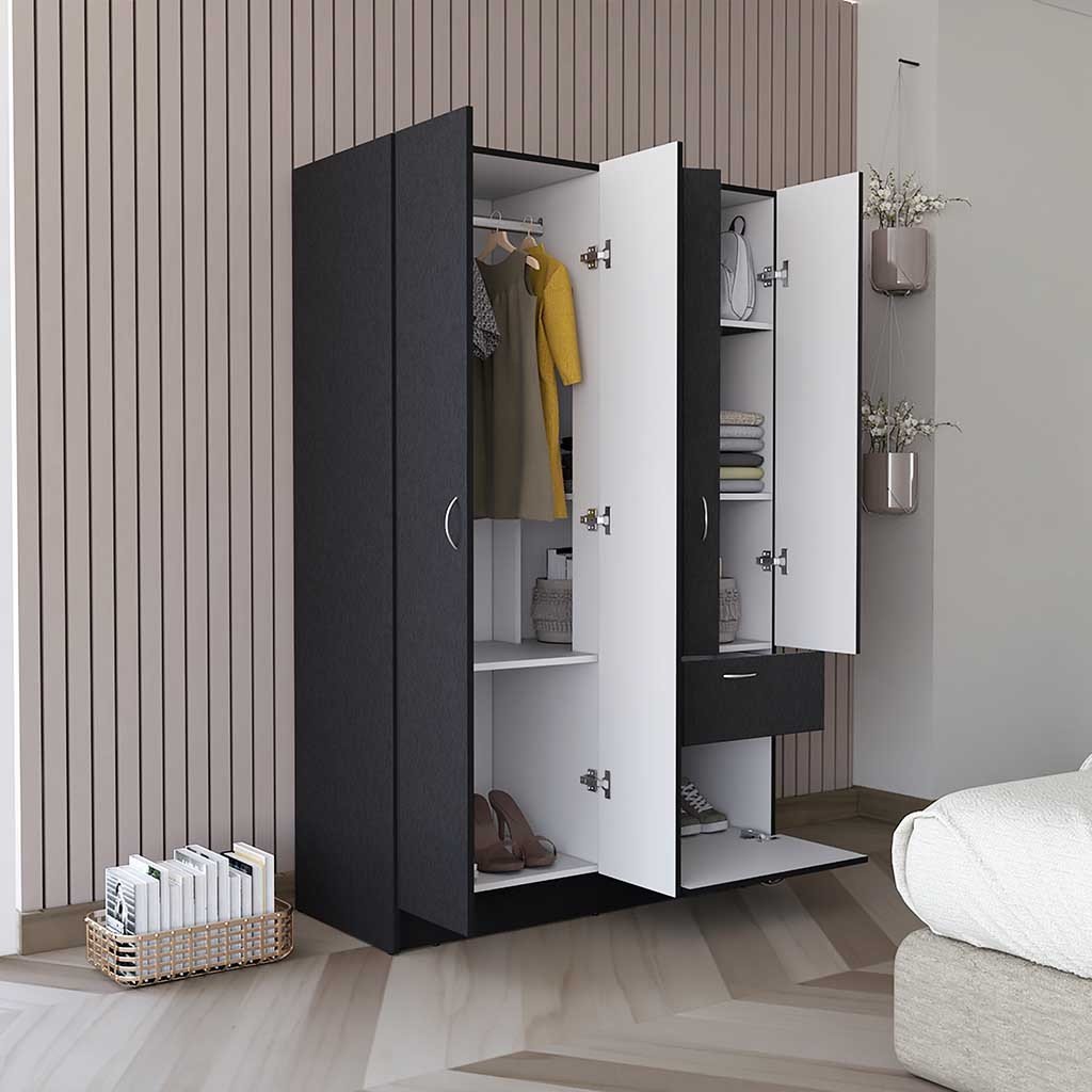 Vaupes Armoire, Double Door Cabinet, One Drawer, Five Interior Shelves, Rod - Black / White - 1st Choice Furniture Direct