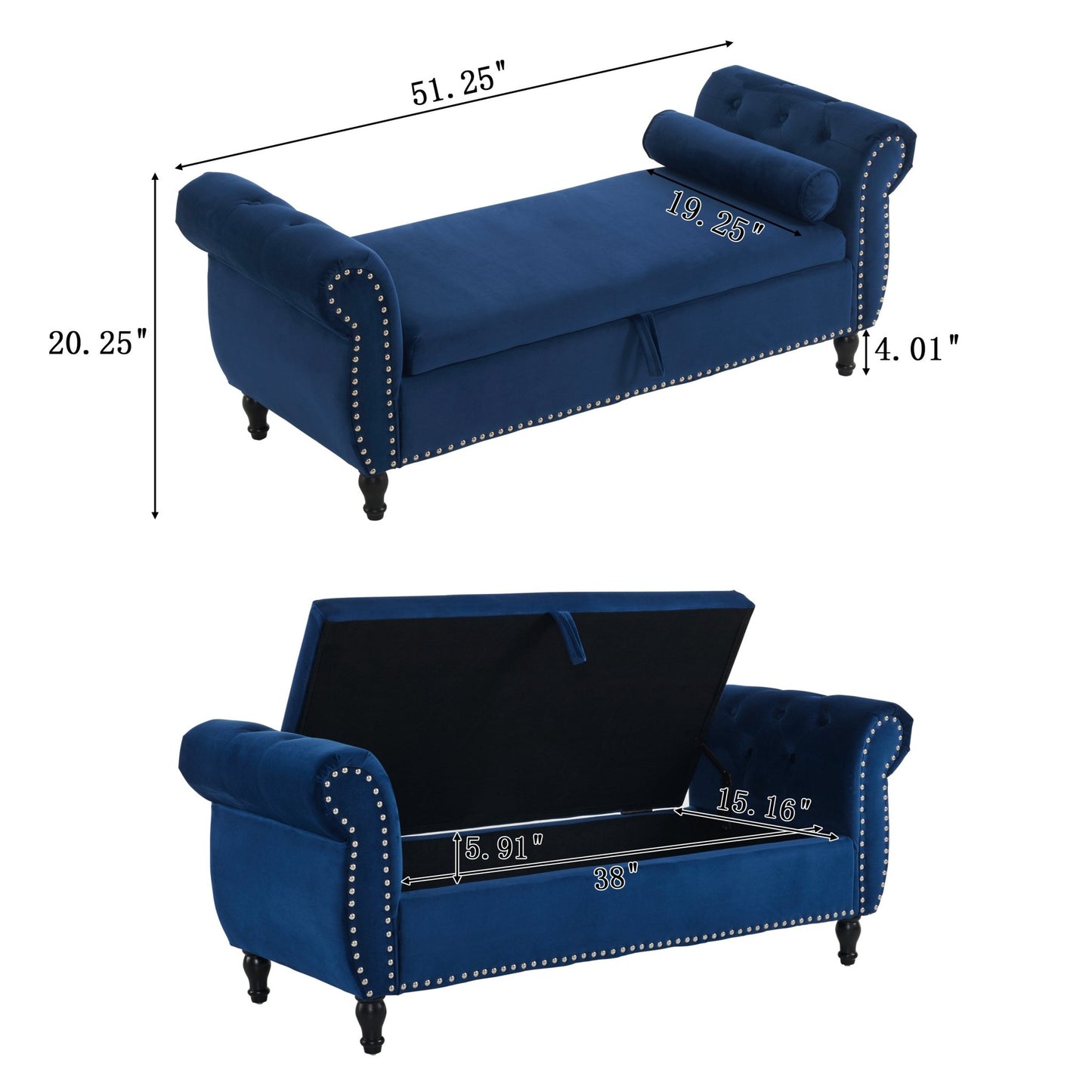 Velvet Multifunctional Storage Ottoman Bench with Pillow, Navy Blue, Luxurious Upholstery, Spacious Design - 1st Choice Furniture Direct