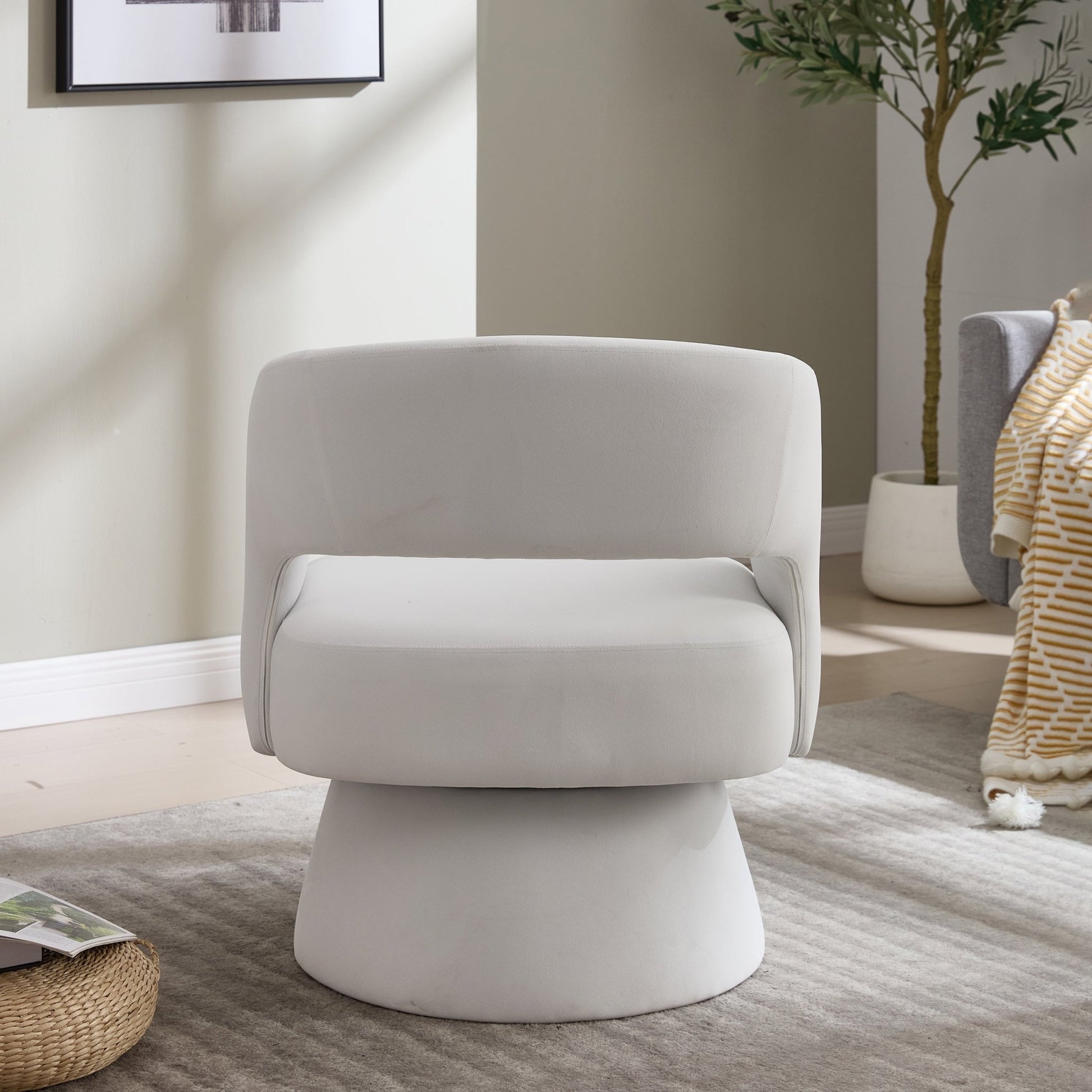 Velvet Swivel Barrel Chair with 360 - Degree Rotation, Beige Modern Accent Armchair for Living Room Bedroom Reception Space - 1st Choice Furniture Direct