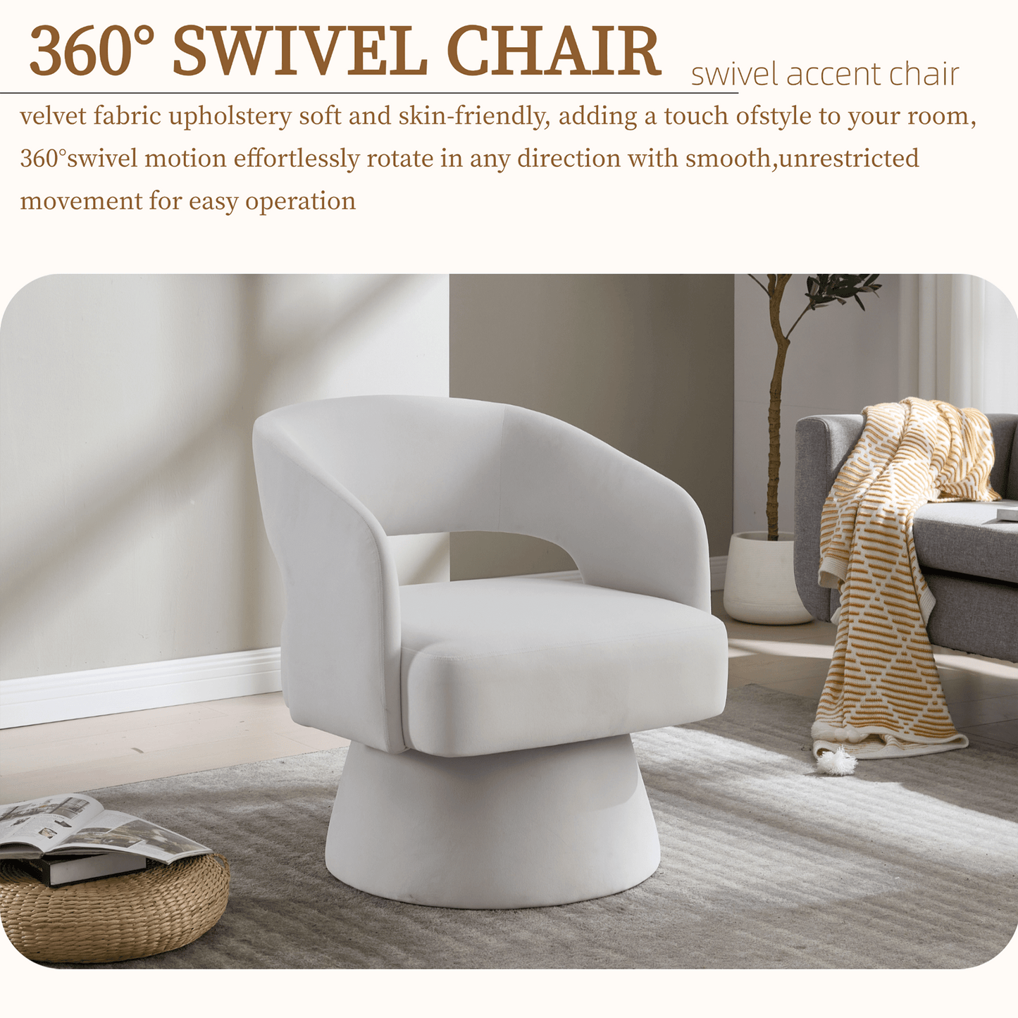 Velvet Swivel Barrel Chair with 360 - Degree Rotation, Beige Modern Accent Armchair for Living Room Bedroom Reception Space - 1st Choice Furniture Direct