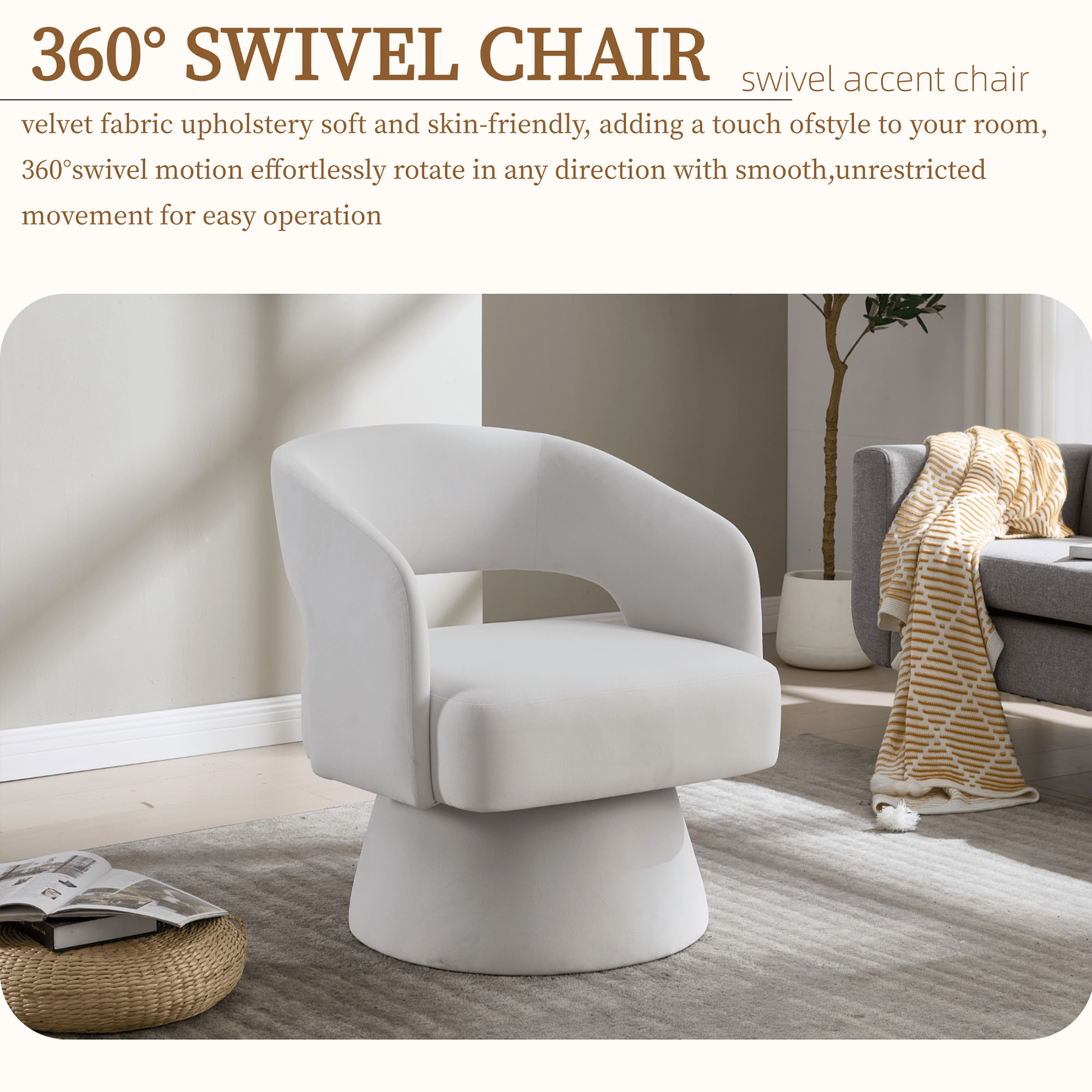 Velvet Swivel Barrel Chair with 360 - Degree Rotation, Beige Modern Accent Armchair for Living Room Bedroom Reception Space - 1st Choice Furniture Direct