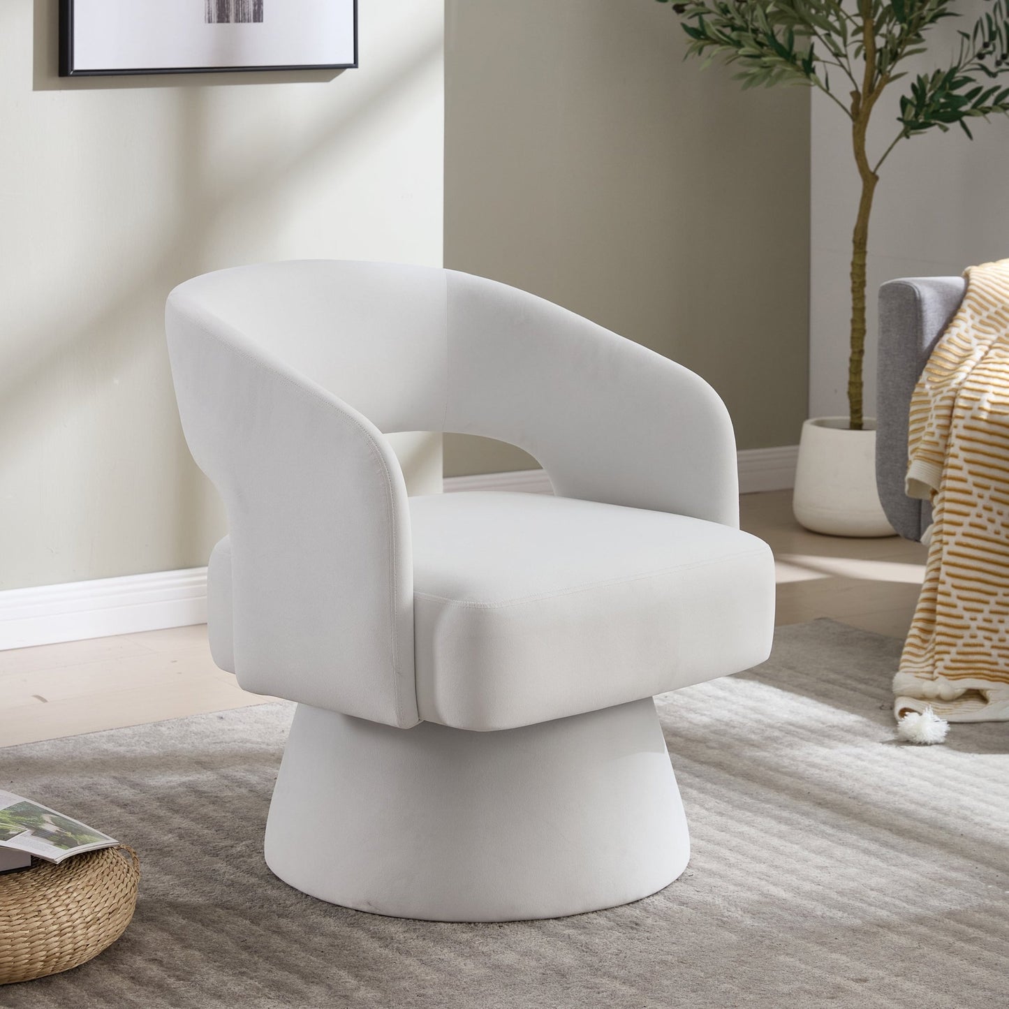 Velvet Swivel Barrel Chair with 360 - Degree Rotation, Beige Modern Accent Armchair for Living Room Bedroom Reception Space - 1st Choice Furniture Direct