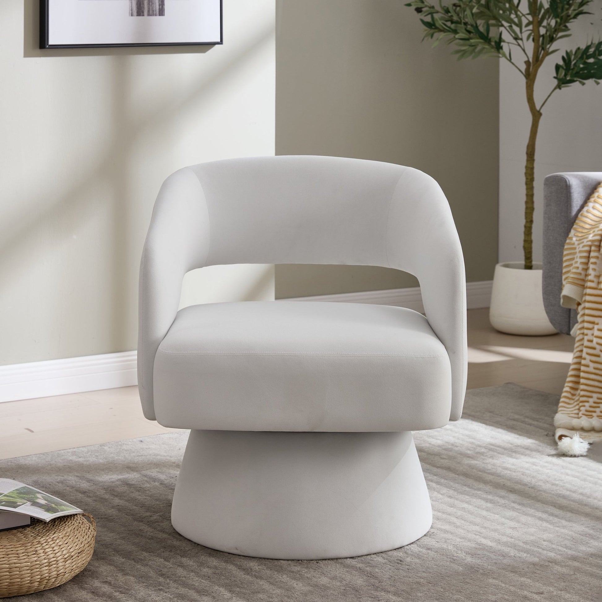 Velvet Swivel Barrel Chair with 360 - Degree Rotation, Beige Modern Accent Armchair for Living Room Bedroom Reception Space - 1st Choice Furniture Direct
