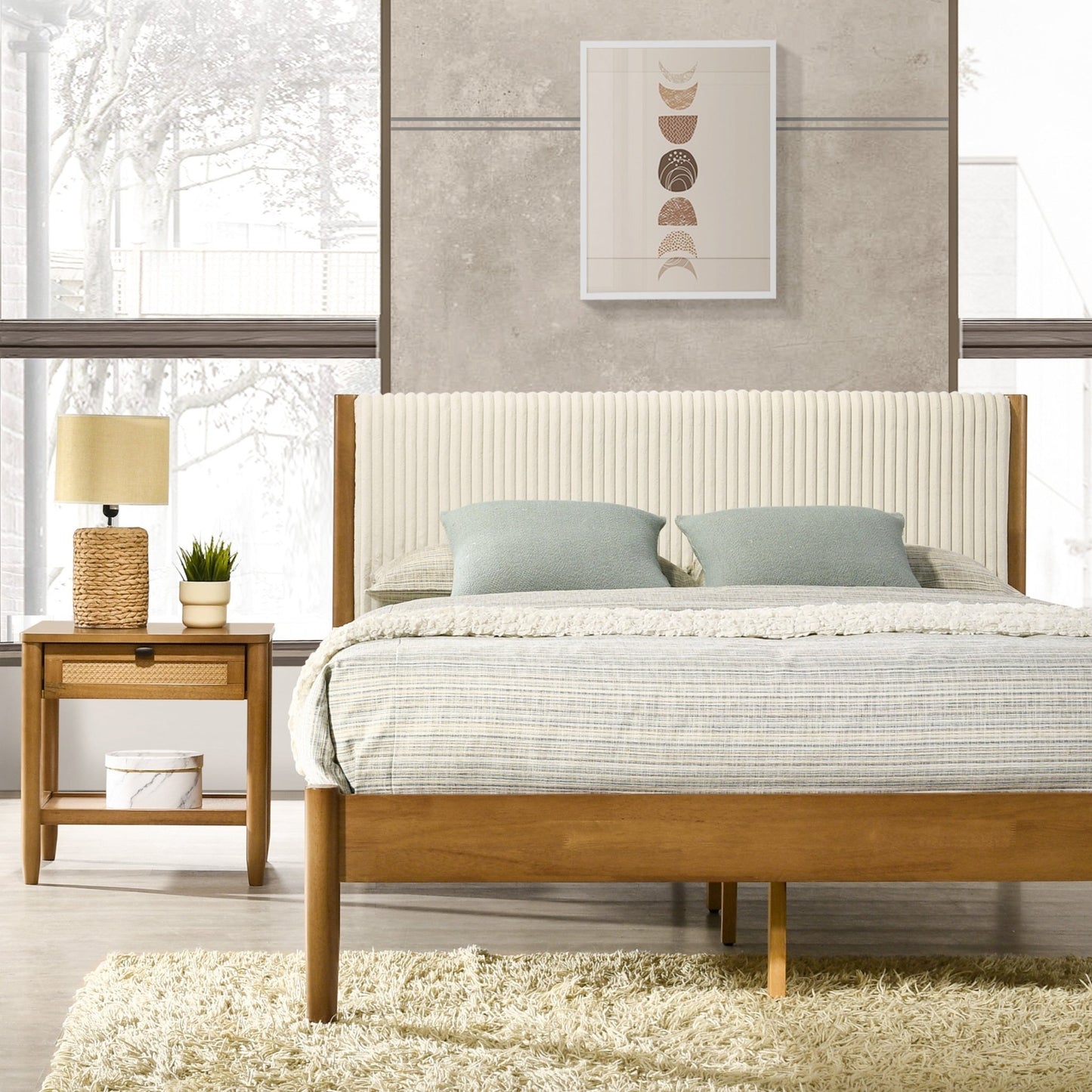 Vichy 2 - Piece Rubberwood Corduroy Bedroom Set, Platform Bed with Nightstand, Queen - 1st Choice Furniture Direct