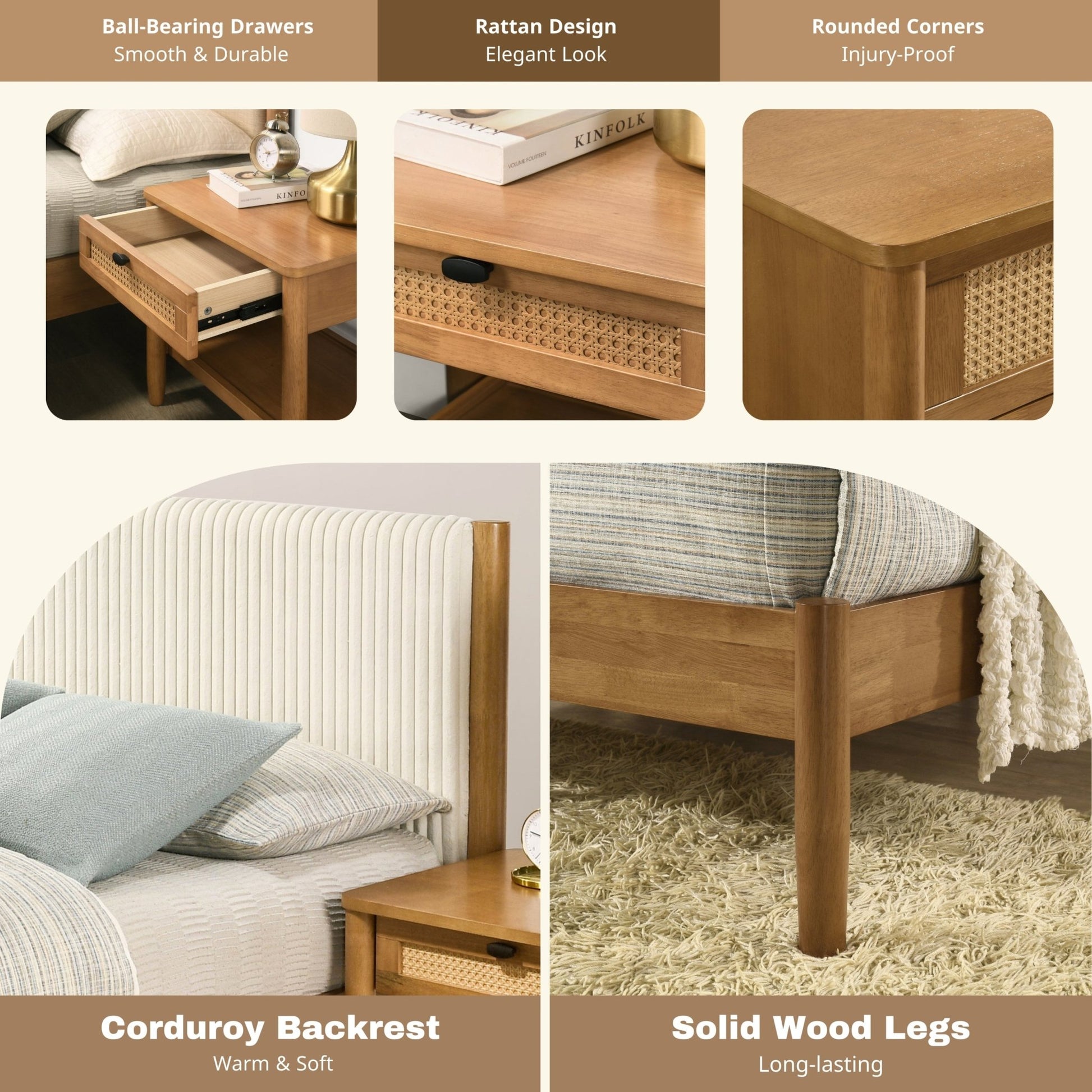 Vichy 2 - Piece Rubberwood Corduroy Bedroom Set, Platform Bed with Nightstand, Queen - 1st Choice Furniture Direct
