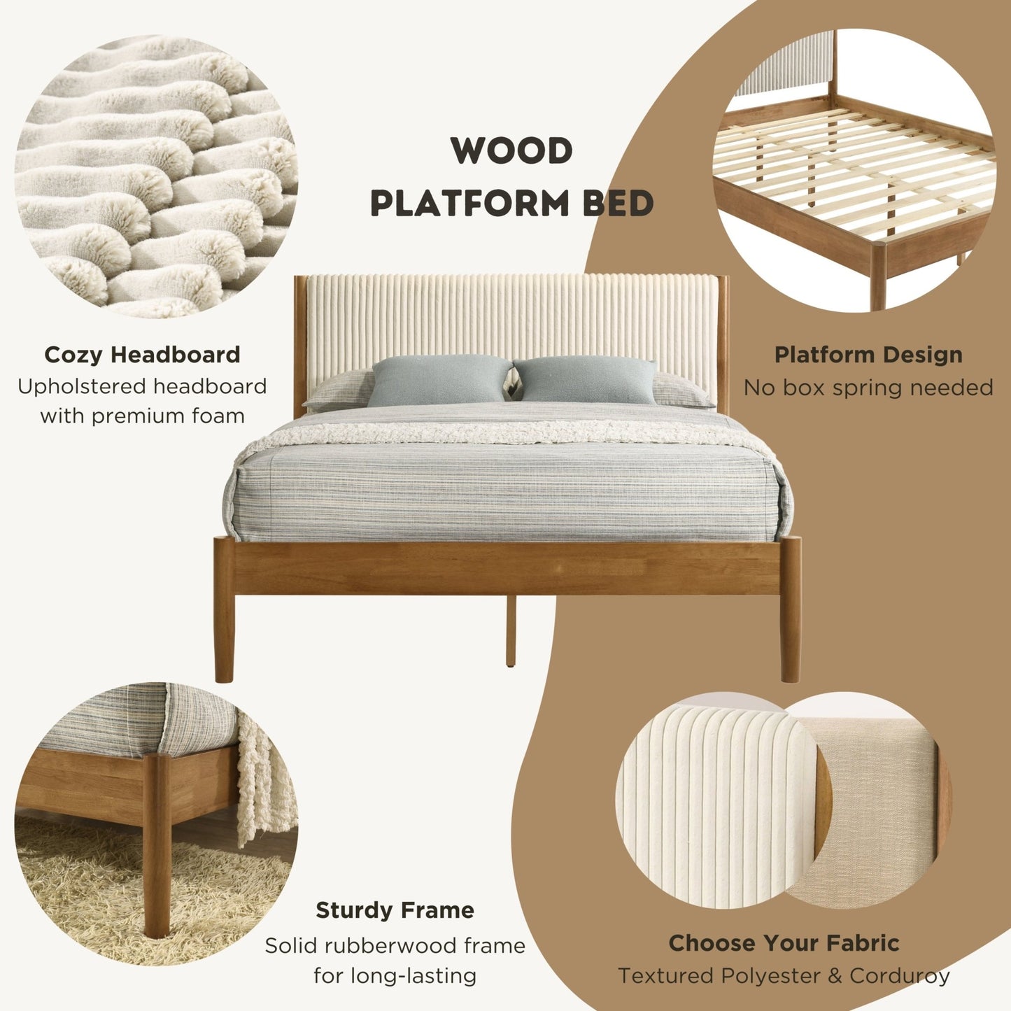 Vichy 2 - Piece Rubberwood Corduroy Bedroom Set, Platform Bed with Nightstand, Queen - 1st Choice Furniture Direct