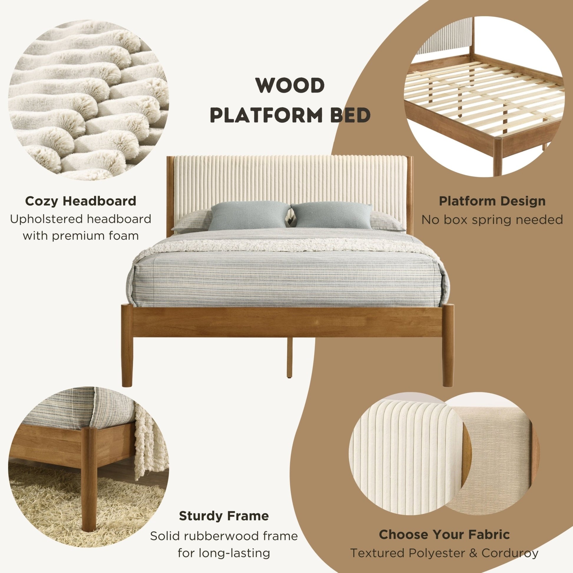 Vichy 2 - Piece Rubberwood Corduroy Bedroom Set, Platform Bed with Nightstand, Queen - 1st Choice Furniture Direct