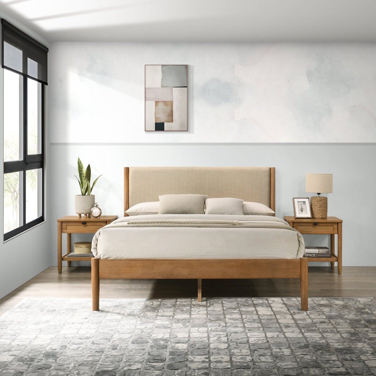 Vichy 5 - Piece Rubberwood Bedroom Set with Textured Polyester Upholstered Queen Bed, Dresser, Mirror, and 2 Nightstands - 1st Choice Furniture Direct