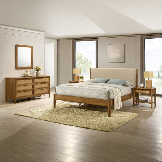 Vichy 5 - Piece Rubberwood Bedroom Set with Textured Polyester Upholstered Queen Bed, Dresser, Mirror, and 2 Nightstands - 1st Choice Furniture Direct