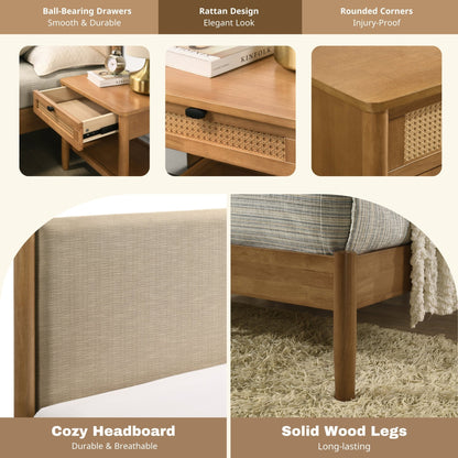 Vichy 5 - Piece Rubberwood Bedroom Set with Textured Polyester Upholstered Queen Bed, Dresser, Mirror, and 2 Nightstands - 1st Choice Furniture Direct