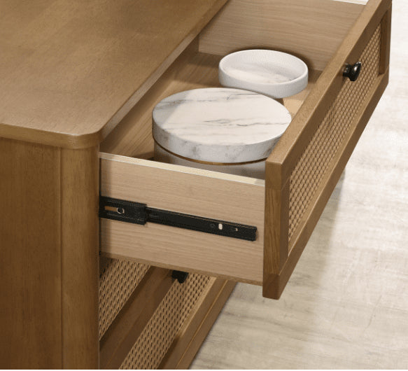 Vichy 5 - Piece Rubberwood Bedroom Set with Textured Polyester Upholstered Queen Bed, Dresser, Mirror, and 2 Nightstands - 1st Choice Furniture Direct