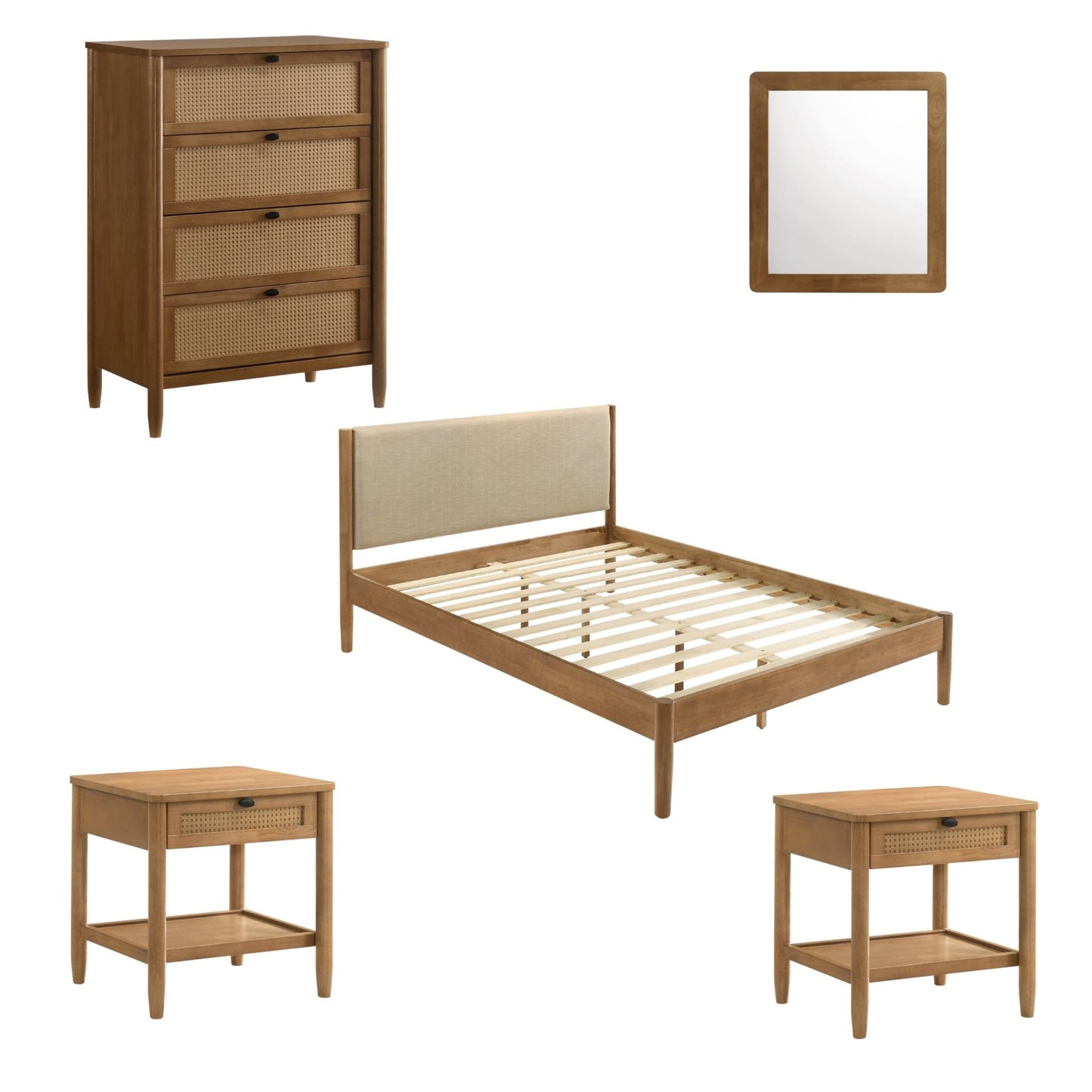 Vichy 5 - Piece Rubberwood Bedroom Set with Textured Polyester Upholstered Queen Bed, Dresser, Mirror, and 2 Nightstands - 1st Choice Furniture Direct