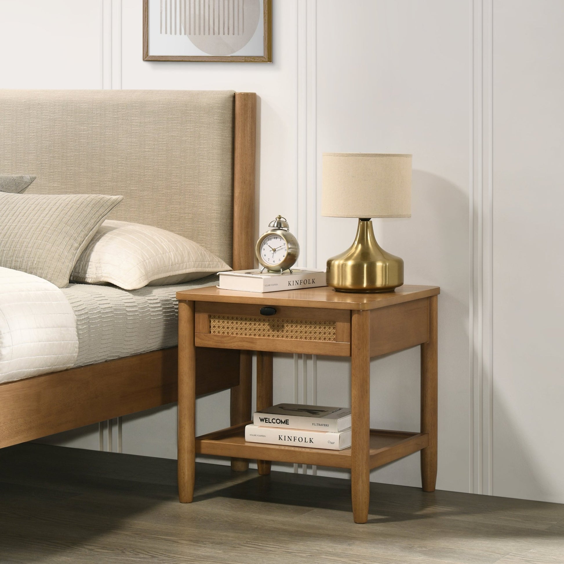 Vichy 5 - Piece Rubberwood Bedroom Set with Textured Polyester Upholstered Queen Bed, Dresser, Mirror, and 2 Nightstands - 1st Choice Furniture Direct