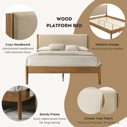 Vichy 5 - Piece Rubberwood Bedroom Set with Textured Polyester Upholstered Queen Bed, Dresser, Mirror, and 2 Nightstands - 1st Choice Furniture Direct