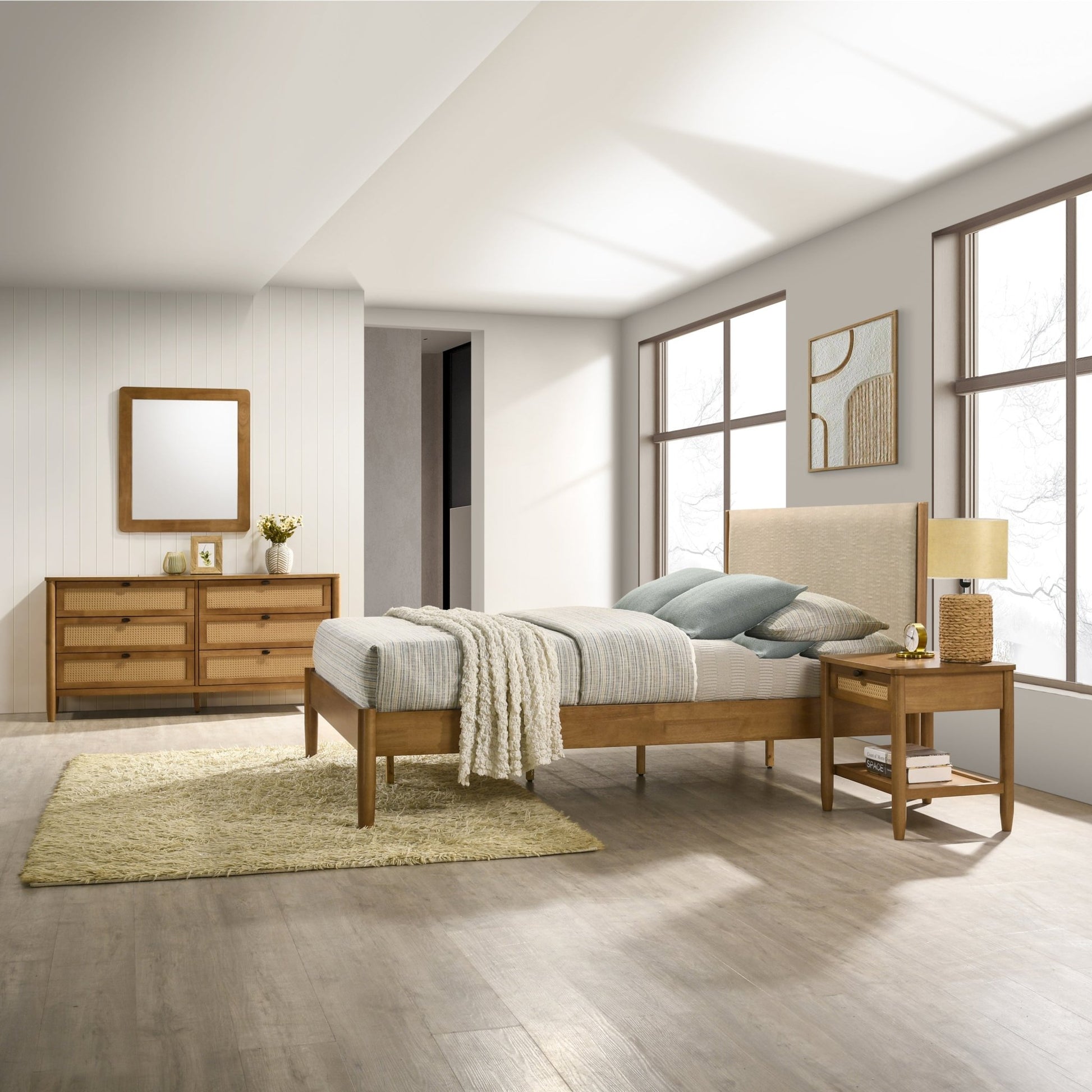 Vichy 5 - Piece Rubberwood Bedroom Set with Textured Polyester Upholstered Queen Bed, Dresser, Mirror, and 2 Nightstands - 1st Choice Furniture Direct