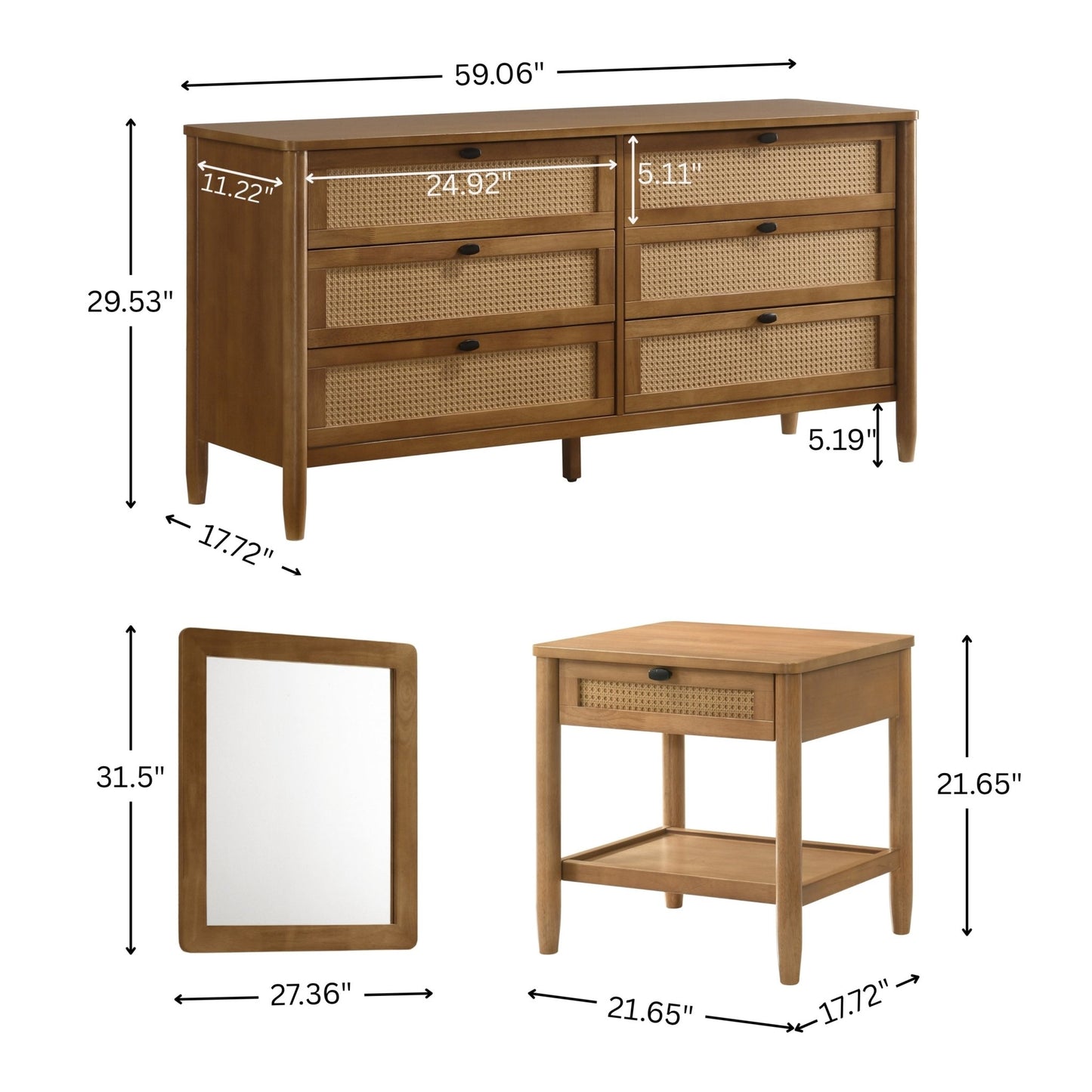 Vichy 5 - Piece Rubberwood Bedroom Set with Textured Polyester Upholstered Queen Bed, Dresser, Mirror, and 2 Nightstands - 1st Choice Furniture Direct