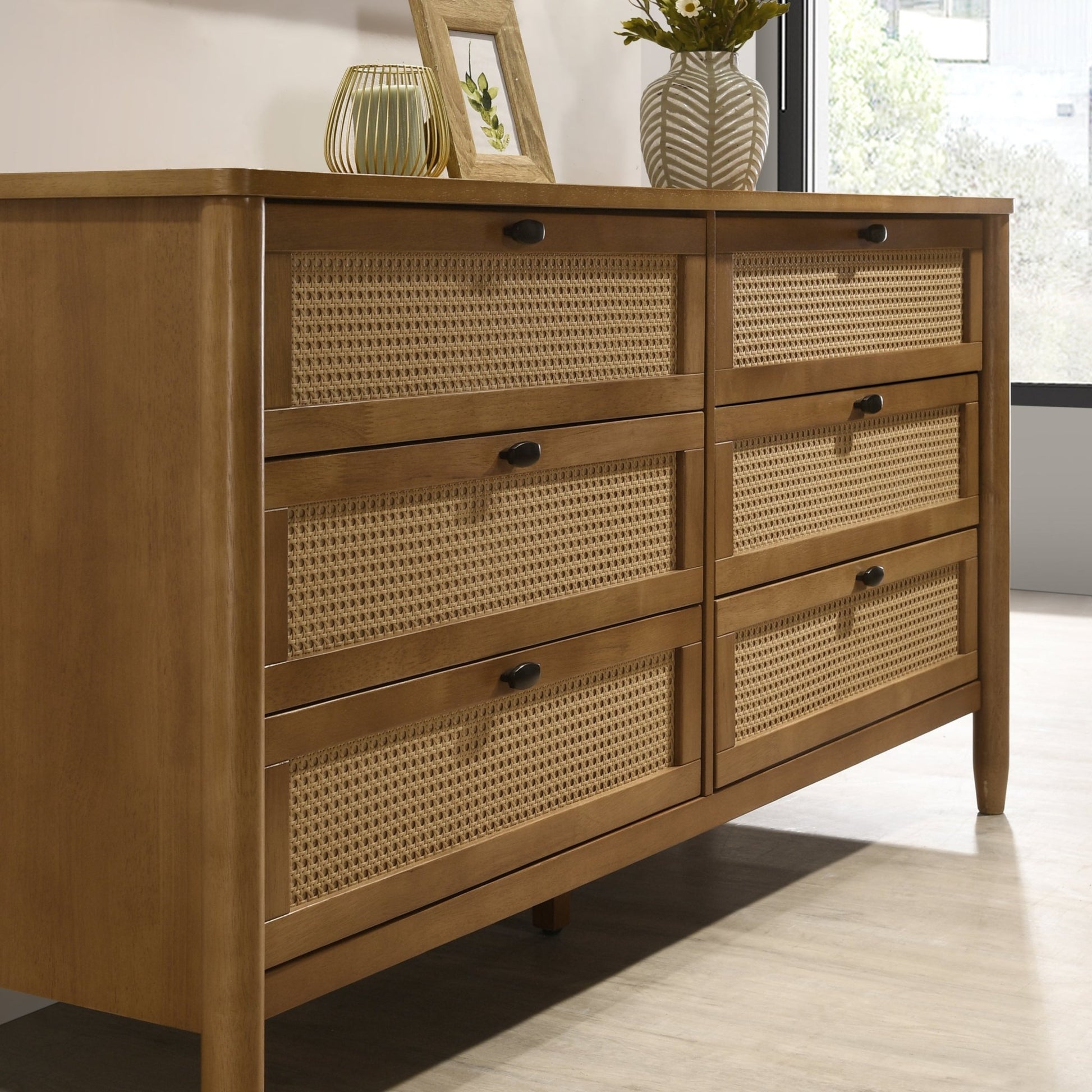 Vichy 5 - Piece Rubberwood Bedroom Set with Textured Polyester Upholstered Queen Bed, Dresser, Mirror, and 2 Nightstands - 1st Choice Furniture Direct