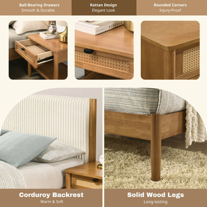 Vichy 6 - Piece Rubberwood Bedroom Set with Corduroy Upholstered Queen Bed, Dresser, Mirror, 2 Nightstands, and Chest - 1st Choice Furniture Direct