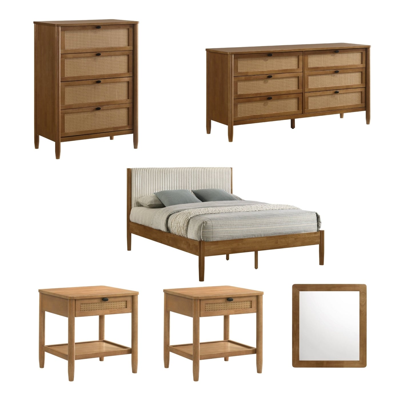 Vichy 6 - Piece Rubberwood Bedroom Set with Corduroy Upholstered Queen Bed, Dresser, Mirror, 2 Nightstands, and Chest - 1st Choice Furniture Direct
