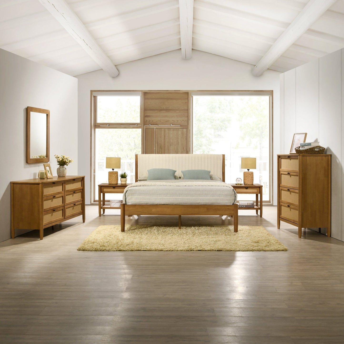 Vichy 6 - Piece Rubberwood Bedroom Set with Corduroy Upholstered Queen Bed, Dresser, Mirror, 2 Nightstands, and Chest - 1st Choice Furniture Direct