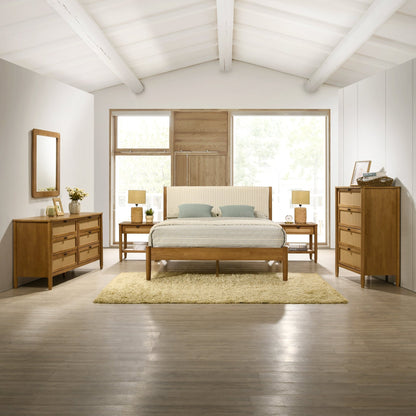 Vichy 6 - Piece Rubberwood Bedroom Set with Corduroy Upholstered Queen Bed, Dresser, Mirror, 2 Nightstands, and Chest - 1st Choice Furniture Direct